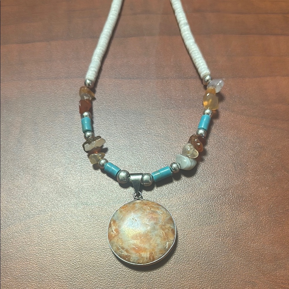 Native American Elegant Beaded Necklace with Earthy (shell) Pendant